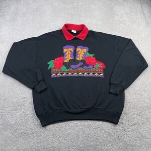 Vintage Cheeks Sweatshirt Womens XL Black Collared Embroidered Boots Roses